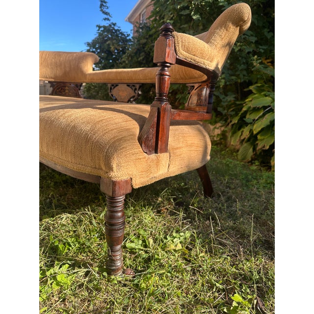 Antique Victorian Eastlake Style Upholstered Settee With Decorative Inlay, Late 19th Century For Sale - Image 4 of 5