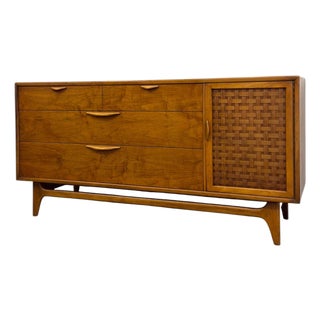Vintage Mid Century Modern Lane Perception Walnut Lowboy Dresser Credenza With Basketweave Door.. For Sale