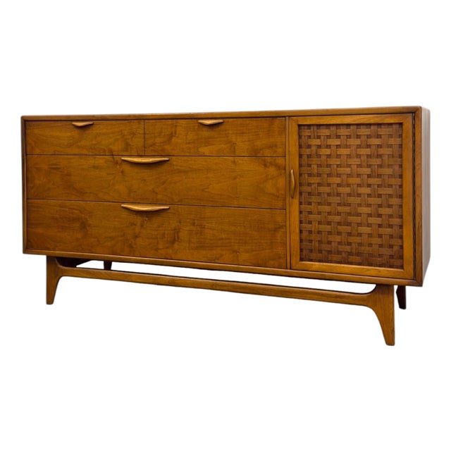 Vintage Mid Century Modern Lane Perception Walnut Lowboy Dresser Credenza With Basketweave Door.. For Sale