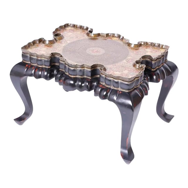 1960s Anglo Indian Carved Wood and Kashmiri Decorated Coffee Table For Sale