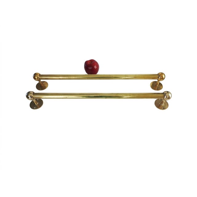 1970s Pair of Vintage Solid Unlacquered Brass Towel Bars With Heavy Ball Finials (25") For Sale - Image 5 of 11