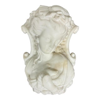 Late 19th Century Victorian Carved Marble Pediment Sculpture Maiden Holding a Dove For Sale