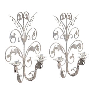 1990s White Wrought Iron Candle Holder Wall Sconces - A Pair For Sale