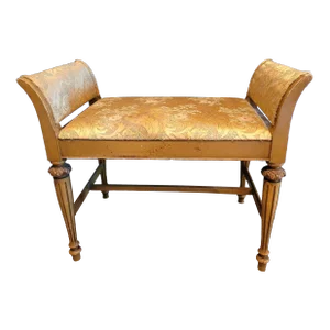 1920s French Louis XVI Style Carved Window Arm Bench With Original Brocade Upholstery