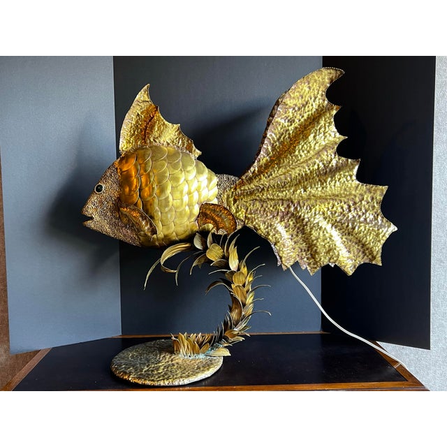 Large Mid 20th Century (c1960s - 1970s) Brutalist illuminated brass goldfish sculpture,in the style of Henri Fernandez and...