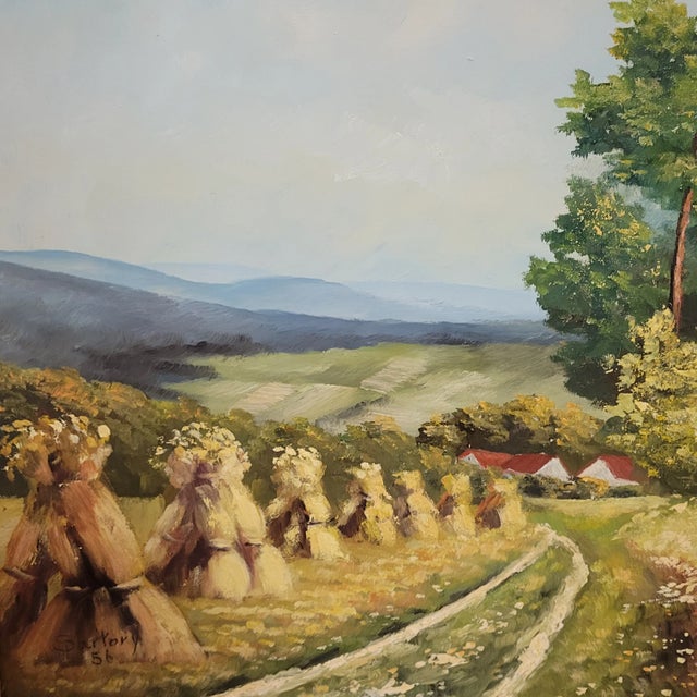 Realism Mid 20th C Traditional Framed Oil on Board Haystacks Landscape Scene For Sale - Image 3 of 7