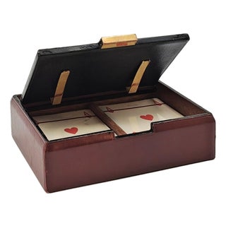 French Burgundy Stitched Leather & Brass Cards Box, 1970s For Sale