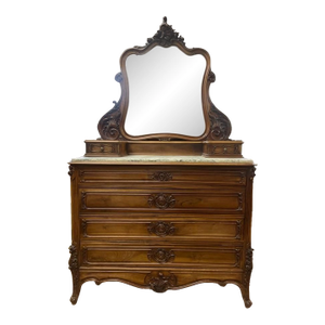 Early 1900's French Made Marble Topped Mirrored Dresser, Hand Carved Wood, 6 Drawers With Key
