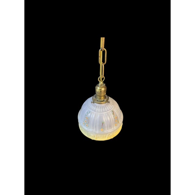 Mid-Century Modern 1930s Brass Pendant Lamp With Yellow Floral Shade For Sale - Image 3 of 6
