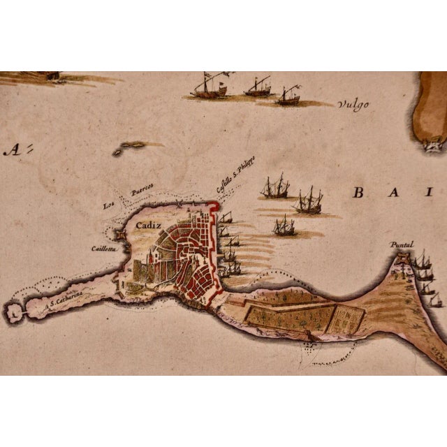 Cadiz Island: A Framed 17th Century Hand-Colored Map From Blaeu's Atlas Major, 1662 For Sale In San Francisco - Image 6 of 9