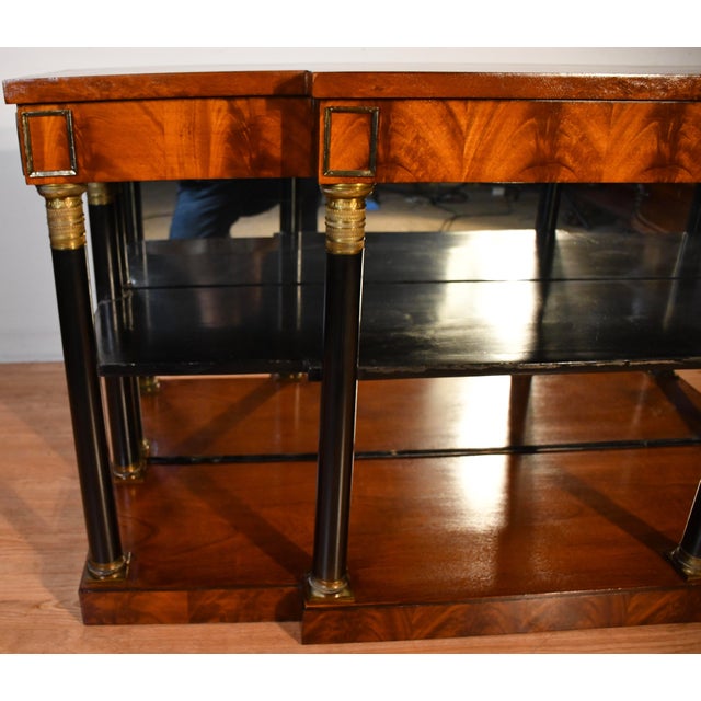 Brown 1920s Antique French Empire Flame Mahogany Mirror Back Console Table For Sale - Image 8 of 18