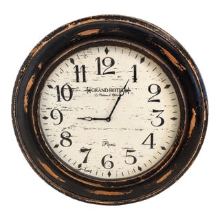 Late 20th Century Oversized Distressed Black-Brown French Hotel-Style Wall Clock For Sale