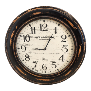 Late 20th Century Oversized Distressed Black-Brown French Hotel-Style Wall Clock