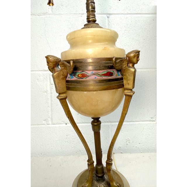 Large Antique Ornate Hand Carved Figural Alabaster Bronze Electric Table Lamp For Sale - Image 9 of 13