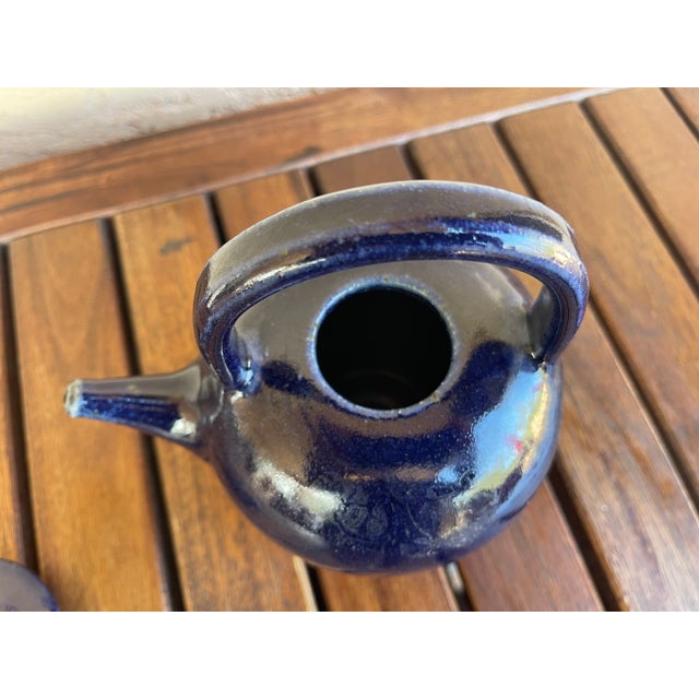 1960s Vintage Blue Glazed Ceramic Stoneware Top Handle Teapot For Sale - Image 5 of 8