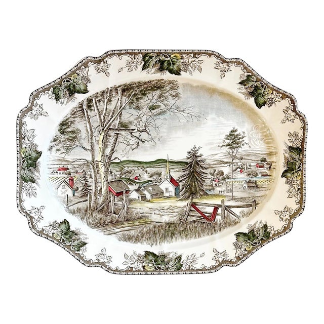 1990s English Ironstone Johnson Bros Friendly Village Thanksgiving Turkey Platter For Sale