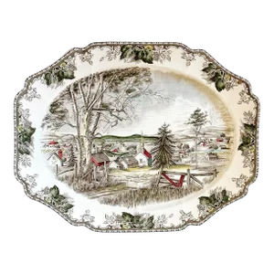 1990s English Ironstone Johnson Bros Friendly Village Thanksgiving Turkey Platter