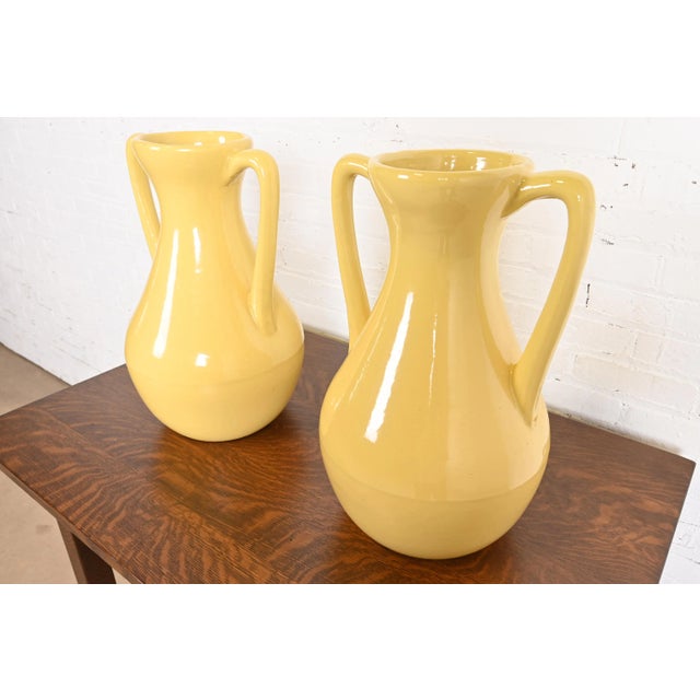 Mid-Century Modern Robinson Ransbottom of Roseville Arts & Crafts Large Yellow Glazed Handled Art Pottery Jugs or Vases, Pair For Sale - Image 3 of 13