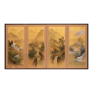 1960s Shōwa Era Japanese Painted Byobu Silk Screen "Four Seasons" For Sale