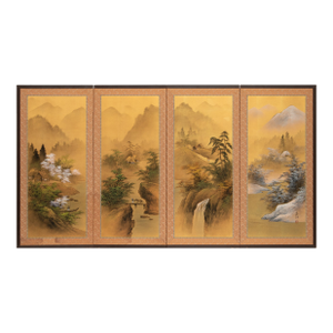 1960s Shōwa Era Japanese Painted Byobu Silk Screen "Four Seasons"