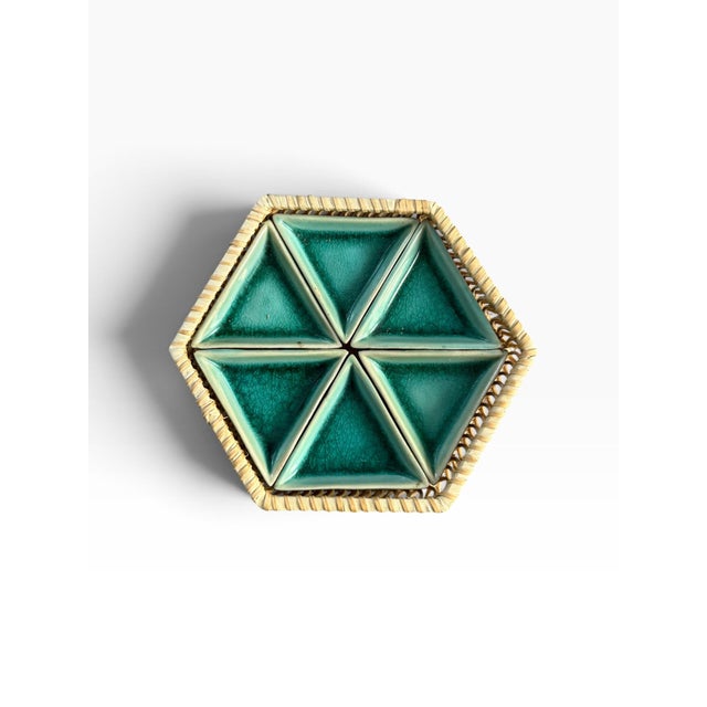 Vintage Rattan Tray With Turquoise Geometric Ceramic Inserts Divided Serving Dish For Sale - Image 4 of 5