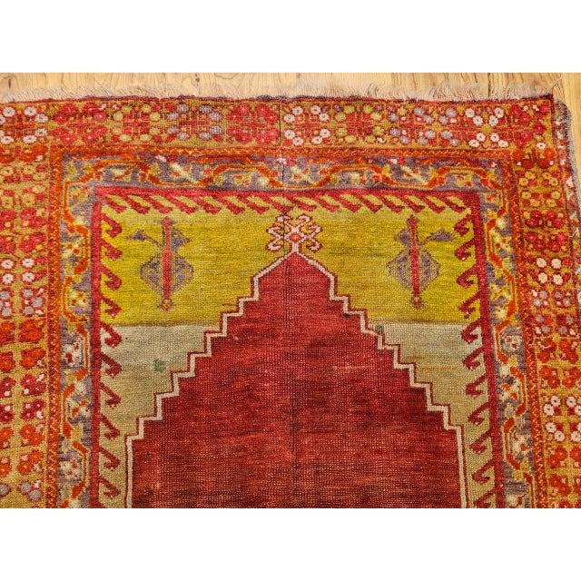 Textile Vintage Turkish Prayer Area Rug, Hand-Knotted Wool, 4x5, Abrash Red & Yellow For Sale - Image 7 of 14