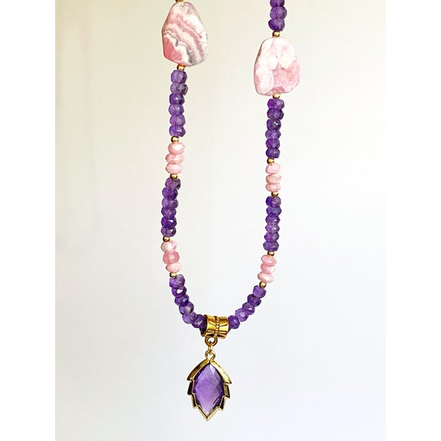 Artisan Amethyst Pendant Necklace With Genuine Argentine Rhodochrosite and Gilded Accents For Sale - Image 17 of 18