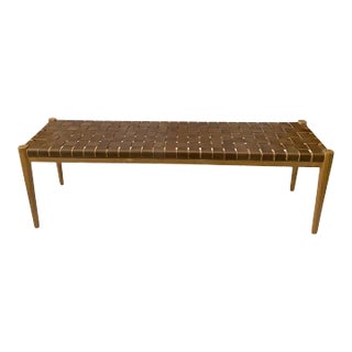 Teak Wood Framed Bench, With Woven Leather Seat For Sale