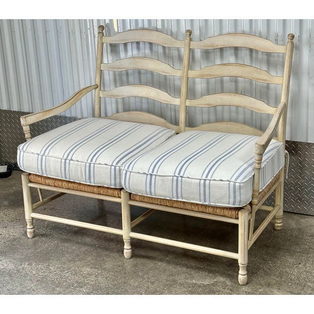 Vintage Persnickety Ladderback Rustic Farmhouse Bench For Sale - Image 4 of 12
