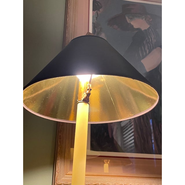 Pair Vintage 1987 Chapman Brass Dolphin Buffet Lamps Black Gold Foil Shades 37" For Sale - Image 12 of 13