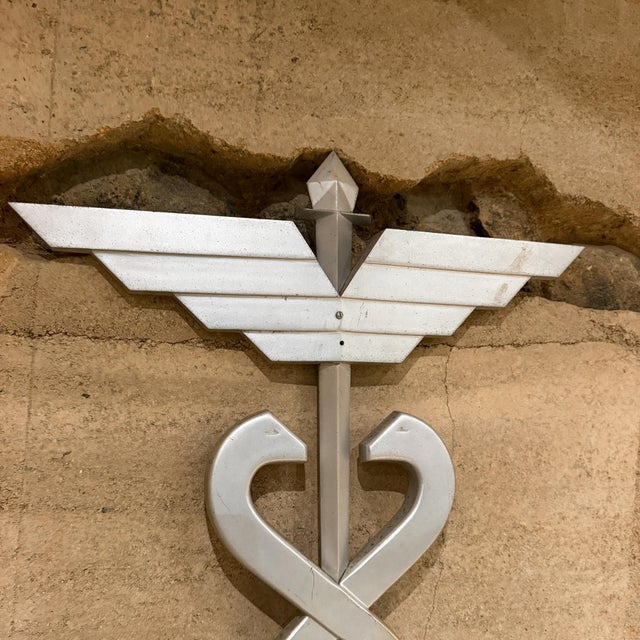 Aluminum Caduceus Symbol Medical Wall Mounted Sculpture Snakes & Wings For Sale - Image 9 of 12