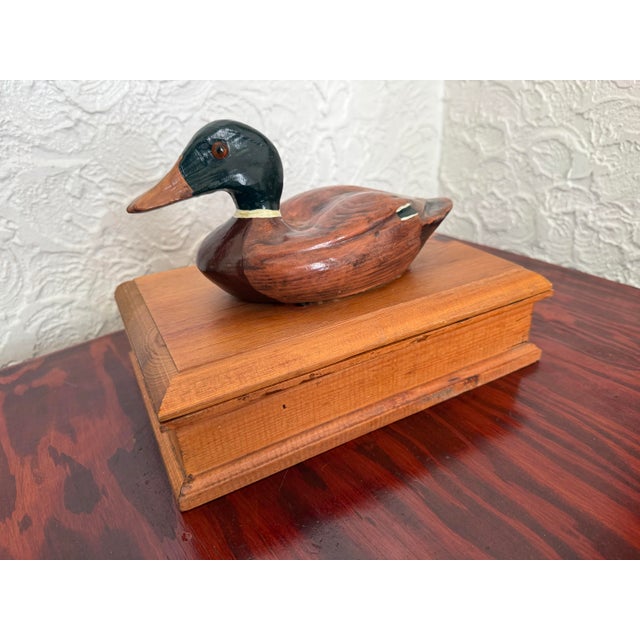 Vintage Folk Art Pine Wood Lidded Box With Mallard Duck Decoy For Sale - Image 11 of 12