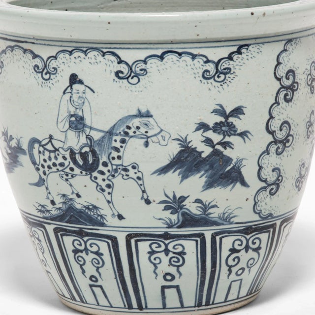 Early 21st Century Vintage Chinese Indigo and White Scroll Jar For Sale - Image 5 of 6
