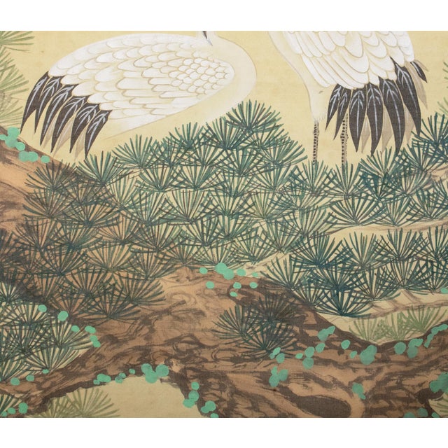 "Cranes and the Big Pine Tree", Showa Era Japanese Silk Scroll Painting For Sale In Dallas - Image 6 of 17