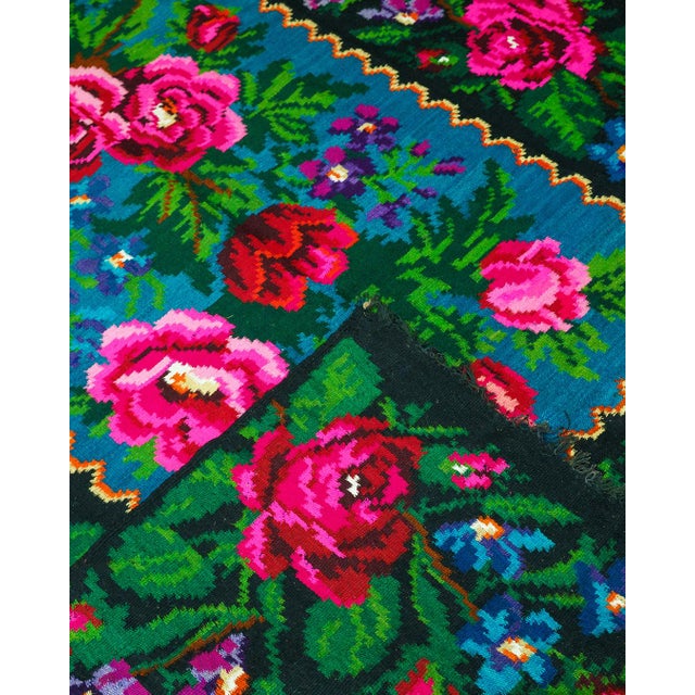 Beige Vintage Romanian Handwoven Wool Rug with Floral Folk Pattern and Fringe, 1960s For Sale - Image 8 of 13