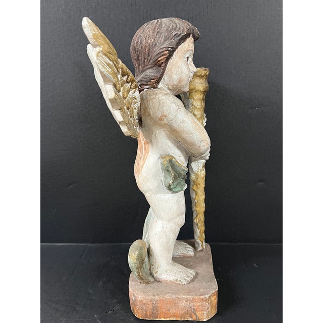 Figurative Vintage Carved Wood Standing Angel Sculpture With Glass Eyes For Sale - Image 3 of 9