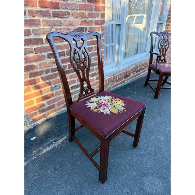 Antique Chippendale Style Neddle Point Seat Dining Chairs For Sale - Image 10 of 16