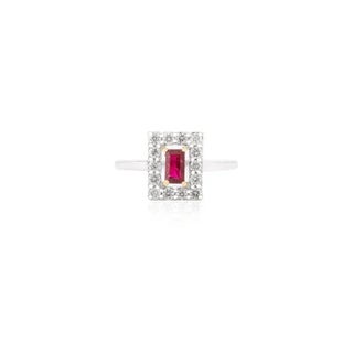Modern Style 14k White Gold Ruby Diamond Halo Birthstone Ring Size 7 For Sale