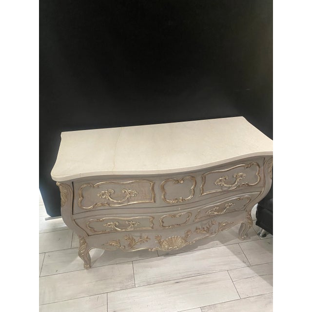 Italian Hand-Carved Louis XV Style Shaped Chest With White Italian Marble Top Sign. For Sale - Image 9 of 10