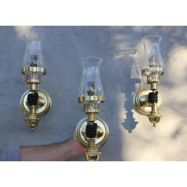 Brass Wall Sconces attributed to John Devoluy, 1950s, Set of 3 For Sale - Image 3 of 8