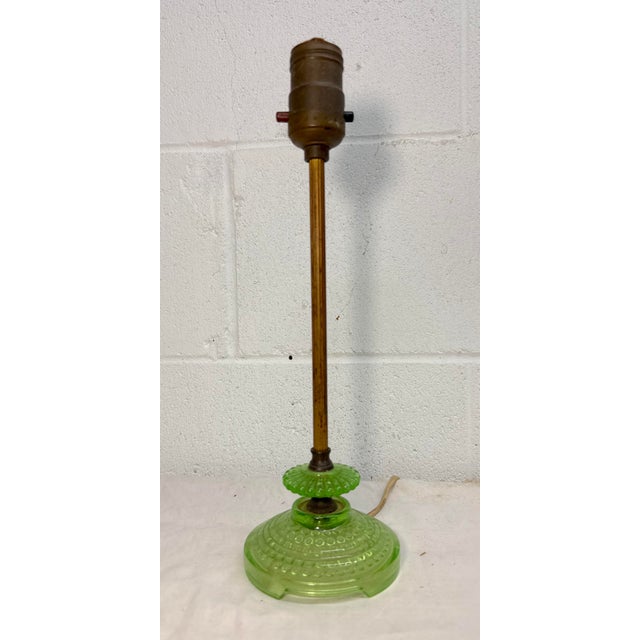 Antique Brass Green Blacklight Glowing Vaseline Glass Electric Table Lamp For Sale In New York - Image 6 of 11