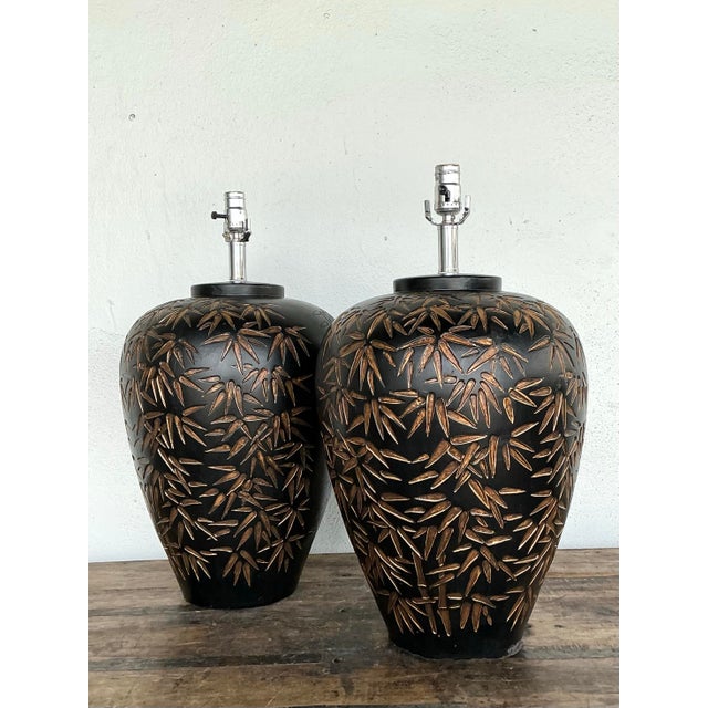 Vintage Glazed Ceramic Bamboo Shoots Lamps - A Pair For Sale - Image 9 of 12