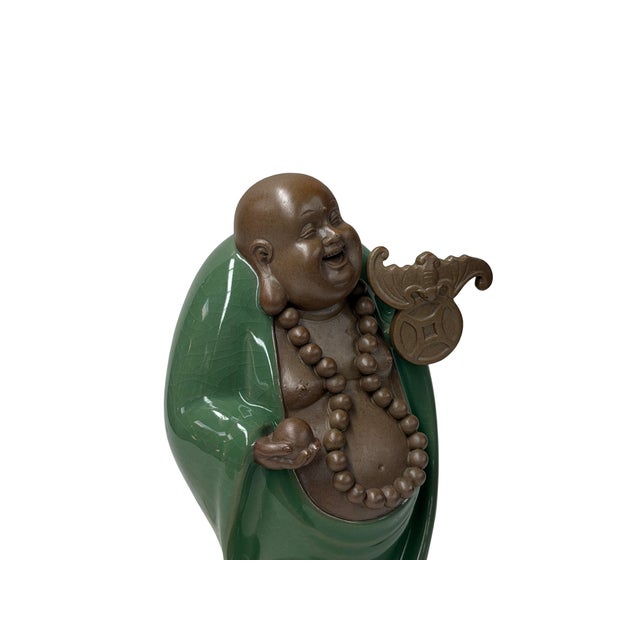 Dark Green Joyful Laughing Buddha Gloss Dark Jade Green Robe Ceramic Coin Bat Ru Yi Figure For Sale - Image 8 of 12