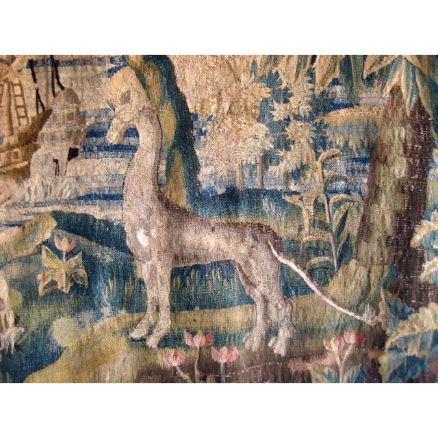 17th Century Flemish Verdure Tapestry Two Herons Eating a Frog , Fantasized Giraffe and Boat , Circa 1700 For Sale - Image 5 of 18