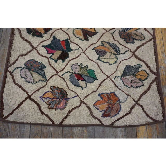 1920s Tan Beige Symmetrical Floral Folk Art Antique American Hooked Rug For Sale - Image 11 of 11