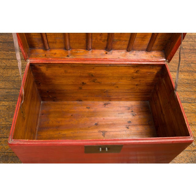 Vintage Chinese Red Lacquer Blanket Chest with Brass Lock and Lateral Handles For Sale - Image 11 of 13