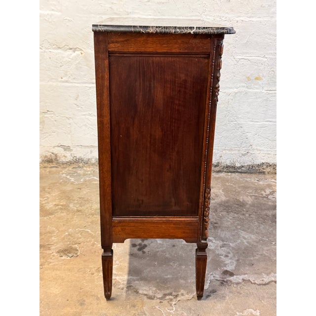 Brown 1900s Antique French Louis XVI Style Carved Oak Marble Top Commode For Sale - Image 8 of 12