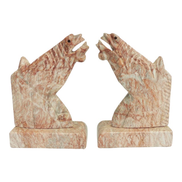 Pair Vintage Mid Century Pink Marble Carved Equestrian Figural Horse Bookends For Sale