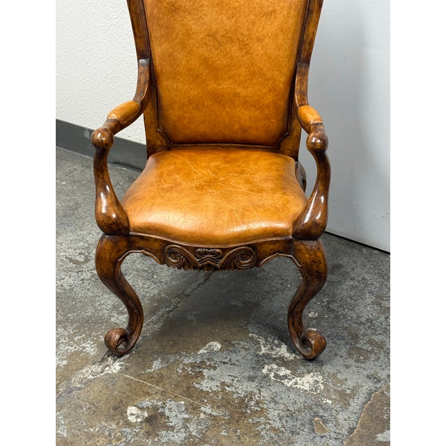 Brown Venetian Leather Bespoke Carved Wood Armchair, Vintage For Sale - Image 8 of 12