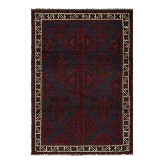 Rug & Kilim’s Baluch Tribal Rug With Burgundy and Navy Blue Geometric Patterns For Sale